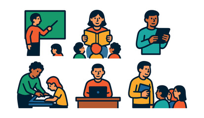 Flat vector icons of teacher roles: teacher pointing to board, teacher reading to kids, teacher with tablet, teacher helping student, teacher at desk, teacher leading discussion, teacher holding book