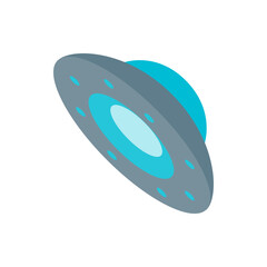 Isometric illustration of a gray and blue ufo with a circular design and small oval shaped windows around it