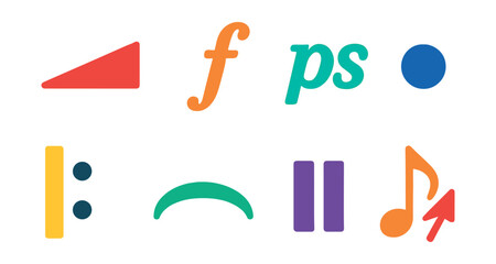 Flat vector icons of musical expressions: crescendo symbol, forte sign, pianissimo, staccato dot, repeat bar, legato curve, pause icon, tempo mark.