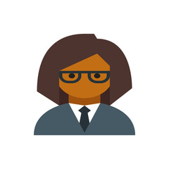 Illustration of a woman with brown hair wearing glasses and a suit with a tie on a white background