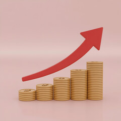 Rising stacks of coins with upward trending red arrow business growth