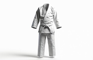 White judo gi, traditional martial art uniform on clean white background. Judo suit includes jacket, pants, belt. Used in training, competition, showcases martial arts, sports, self-defense practice.