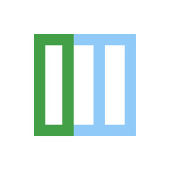 Illustration of two rectangular shapes one green and one light blue with white vertical rectangles inside them