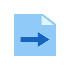 Light blue document with a folded corner and a dark blue arrow pointing to the right direction shown clearly