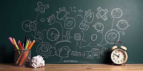 Creative chalkboard illustrations with pencils and alarm clock depicting ideas and concepts