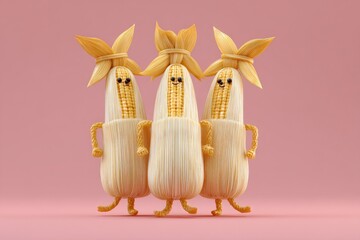 Fototapeta premium Cute Corn Characters on Pink.