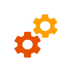Two interlocking gears in shades of orange and yellow representing mechanical processes and engineering work 100