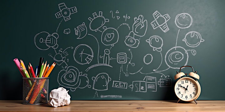 Creative chalkboard illustrations with pencils and alarm clock depicting ideas and concepts