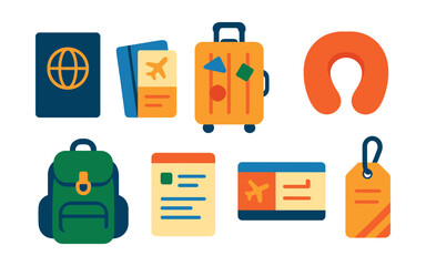 Flat vector icons of travel essentials: passport with globe, boarding pass, suitcase with stickers, neck pillow, travel backpack, itinerary printout, flight ticket, luggage tag.