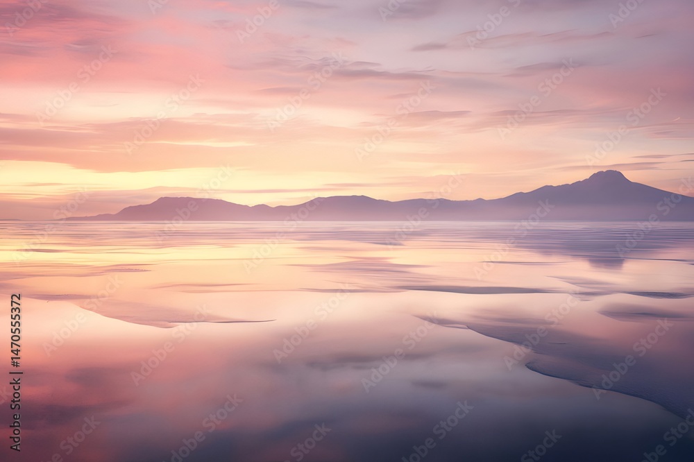 Poster ピンクと紫色の夕焼け空が湖に反射する穏やかな風景 ミネクラフト風の山々が背景に広がる夢のような景色
