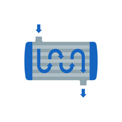 Illustration of a heat exchanger with blue arrows indicating fluid flow and gray cylindrical body