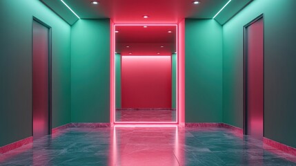 Neon-lit corridor with mirrored wall, modern building interior