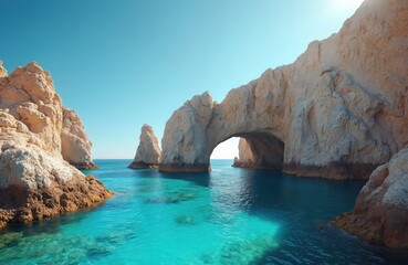 Fototapeta premium El Arco rock formation at Cabo San Lucas Mexico with arch, azure turquoise ocean water, sunny day. Popular travel destination, vacation spot, perfect summer holiday destination.