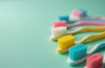 Colorful toothbrushes on light green background. Variety of shades, clean hygiene tools. Bristles, many-coloured plastic. Daily dental care routine, health, fresh breath concept, toothbrushes row.