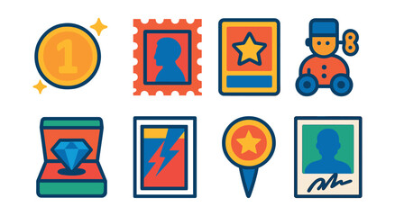 Flat vector icons of collectible items: rare coin with shine, vintage stamp with perforation, trading card with star, antique toy, gemstone in box, comic book with sleeve, collector&rsquo;s pin, signed