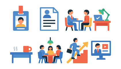 Flat vector icons of career and workplace: office badge, resume document, job interview scene, work-from-home setup, desk with coffee mug, coworking space, professional growth ladder, online business