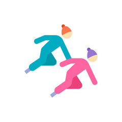 Two stylized figures ice skating with colorful hats and simple shapes on a white background design art