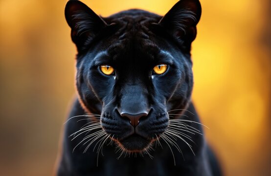 Intense black panther with bright golden eyes stares forward. Big cat face portrait against blurred warm golden background. Predator shows power, elegance. Wildlife photography for nature concepts.