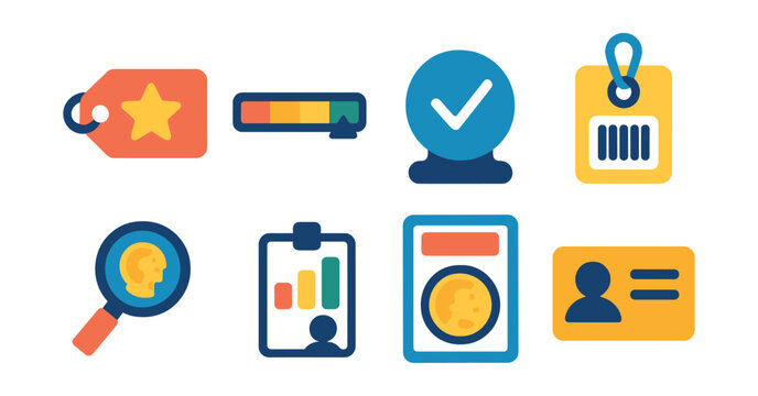 Flat vector icons of valuation and grading: rating stars on tag, scale from poor to mint, authenticity stamp, barcode ID tag, appraising magnifier, expert review chart, sealed rating slab,