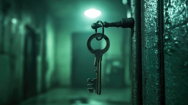 Old key in dimly lit corridor door; mystery, escape