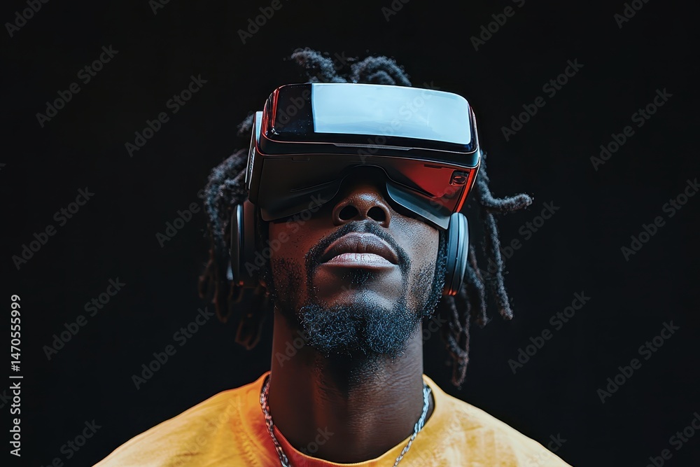 Poster young man explores virtual reality technology while wearing vr headset and showcasing modern and inn