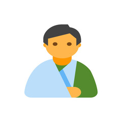 Illustration of a man with dark hair wearing a green shirt and arm in a sling with a light blue cast