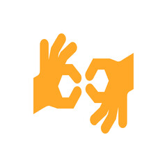 Two hands depicted in a gesture with fingers forming a circle on each hand, against a white background