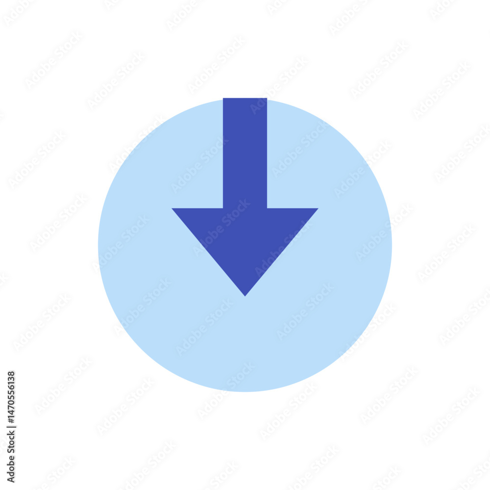 Poster blue arrow pointing down centered within a light blue circle on a white background design element ve