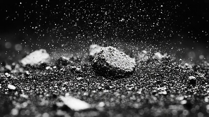 Monochromatic close-up of a rocky surface with small particles suspended in the air above it, creating a sense of movement and texture
