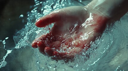 Water splashing against an open hand in a serene environment  