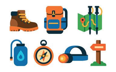 Flat vector icons of hiking gear: hiking boots, backpack, trail map, trekking poles, hydration pack, compass, headlamp, trail marker.