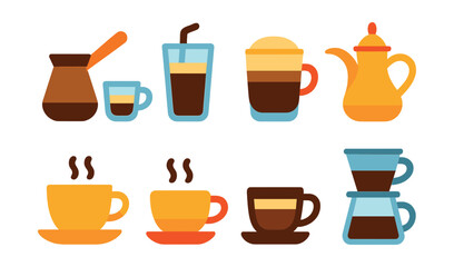 Flat vector icons of international coffee styles: Turkish coffee, Italian ristretto, Greek frapp&eacute;, Vietnamese egg coffee, Swedish fika cup, Arabic coffee pot, Cuban caf&eacute; cubano, Japanese drip.