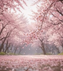 Floating sakura petals, soft pink hues, blurred springtime scene ,  petal,  falling, sakura