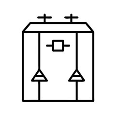 minimalist black line icon of electric power transformer or control cabinet with circuit symbols, energy distribution unit, outline vector illustration