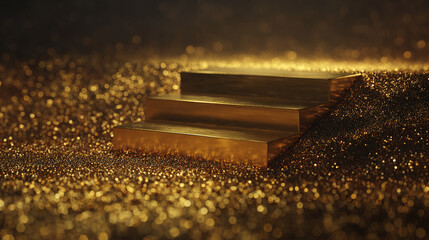 Golden three-step podium on glittering surface, showcasing product or text, ideal for luxury branding or award ceremony