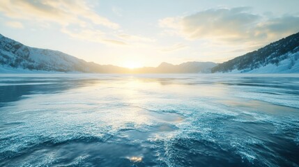 Serene lake reflecting sunrise over snowy mountains  