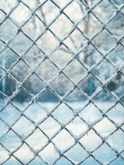 Fototapeta premium Frosted fence with snow and winter landscape in the background 
