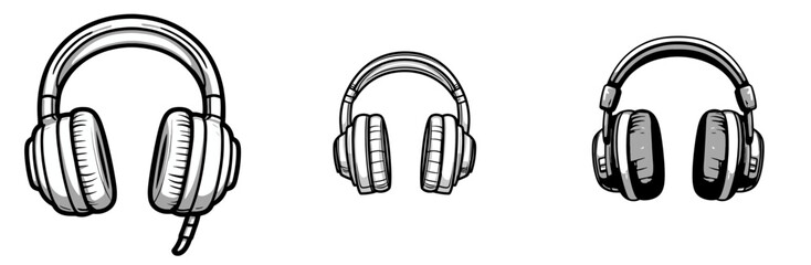 Different styles of headphones illustrated in a minimalistic 2D icon format showing variety in size and design