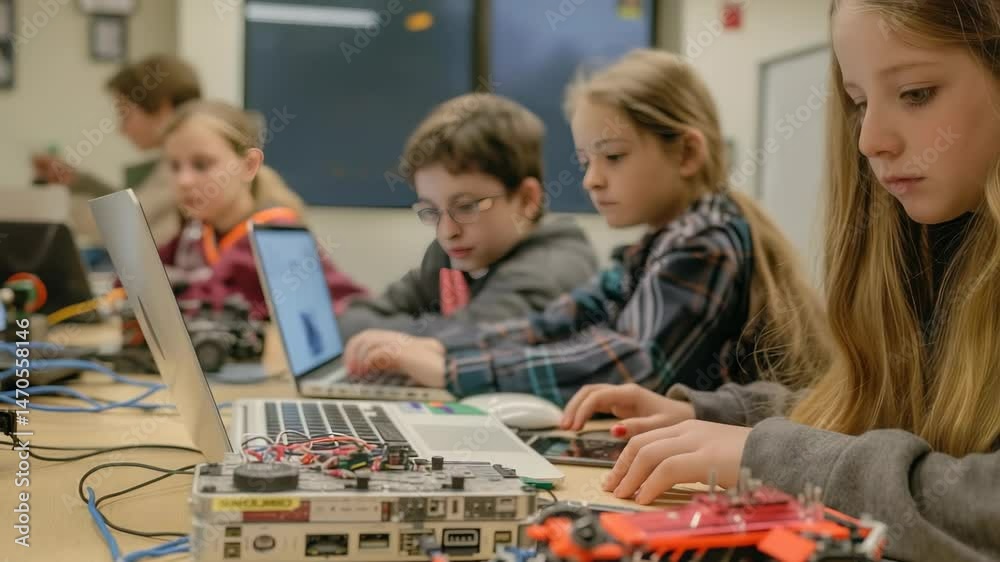Aufkleber A group of focused children are engaged in a coding session, utilizing laptops and robotics equipment. They appear to be learning about technology, and engineering in a hands-on educational setting.