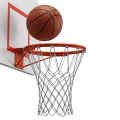 Naklejka premium Basketball falling into the hoop isolated on a white background. Sport and recreation concept