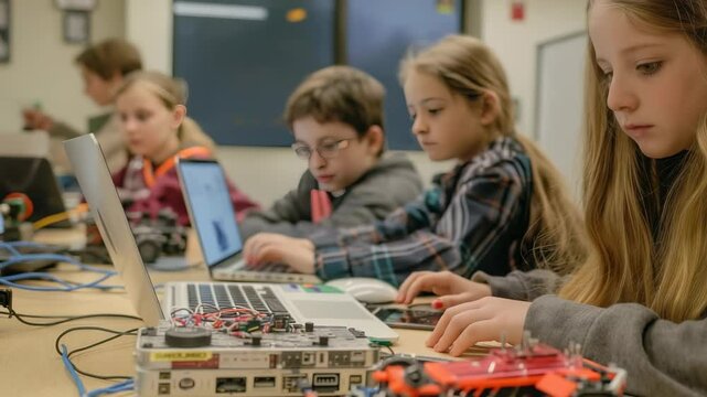 A group of focused children are engaged in a coding session, utilizing laptops and robotics equipment. They appear to be learning about technology, and engineering in a hands-on educational setting.