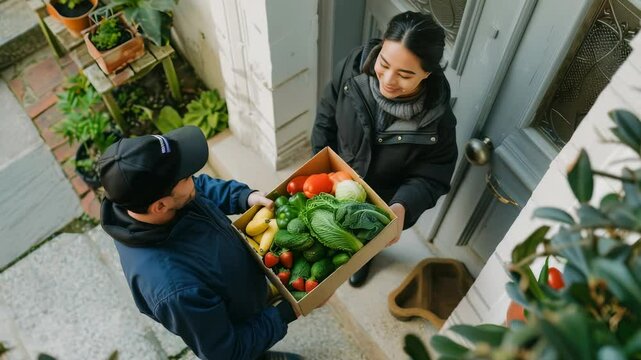 A delivery person hands a box of fresh produce to a customer at their front door. The box contains a variety of fruits and vegetables. The scene suggests a convenient delivery service.