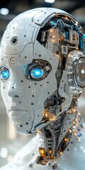 Futuristic android head with glowing eyes, detailed robot face with mechanical components, concept for future technology