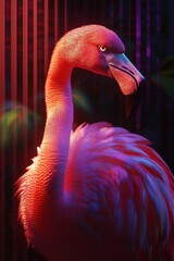 Pink flamingo portrait, neon background, vibrant colors, digital art, stock photo