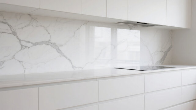 Modern kitchen design with marble backsplash and white minimalist cabinets and countertops