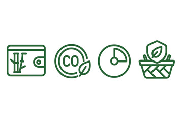 Eco‑finance icons showing wallet, token, coin, dial, and badge