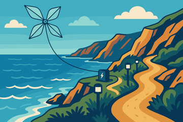 Obraz premium Flat adventure‑tech scene with kite line, glowing path markers, and crashing surf