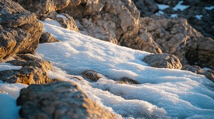 Snow-covered rocks glistening in winter sunlight  