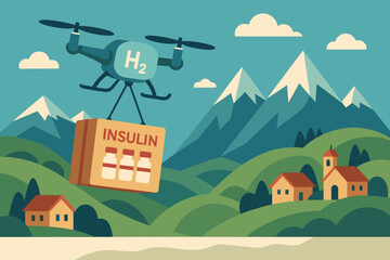 Flat medical‑tech scene with drone crate, alpine huts, and bright sky