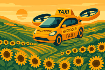 Fototapeta premium The future of mobility is envisioned as a flat landscape featuring H₂ rotors, sunflower terraces, and a warm sky